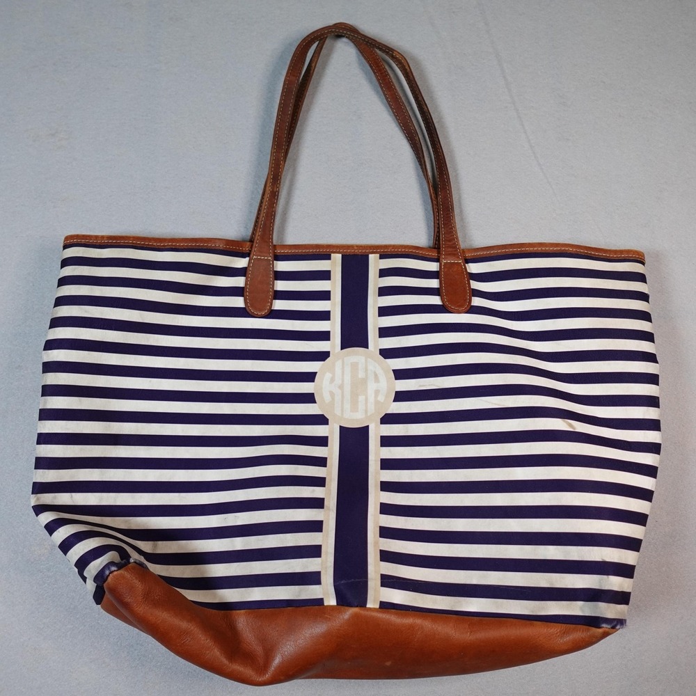 Barrington Tote Bag Womens Large Blue Striped Canvas Leather Monogram Nautical